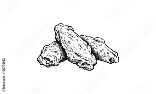 Detailed black and white drawing of three chicken wings. Vector retro hand drawn illustration