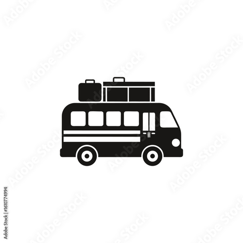 Black silhouette of a bus with luggage on top isolated on a white background