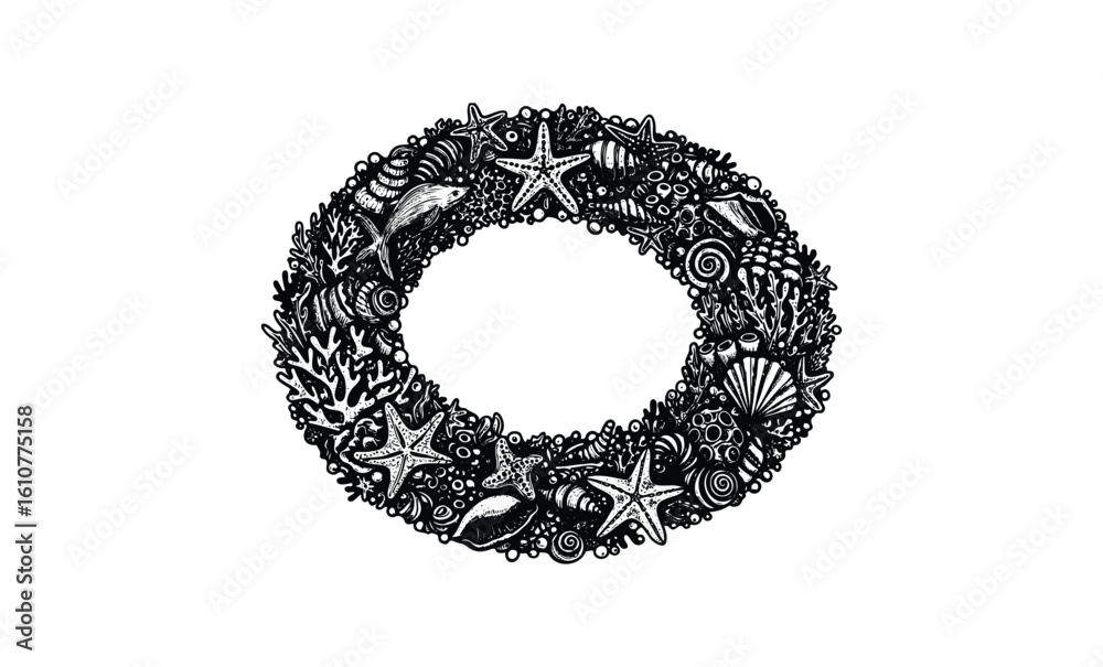 Obraz premium Intricate seashell wreath design with starfish and coral elements. Vector retro hand drawn illustration