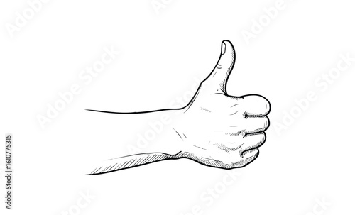 Hand giving thumbs up gesture in black and white sketch drawing. Vector retro hand drawn illustration