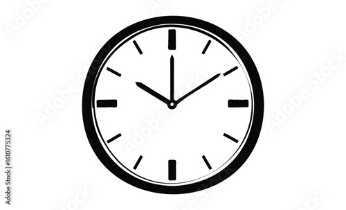 Minimalist black and white wall clock showing time with simple design. Vector retro hand drawn illustration
