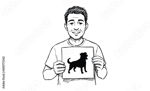 Young caucasian male holding dog silhouette drawing with a smile. Vector retro hand drawn illustration