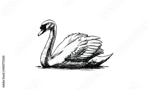 Elegant black and white swan sketch with detailed featherwork. Vector retro hand drawn illustration