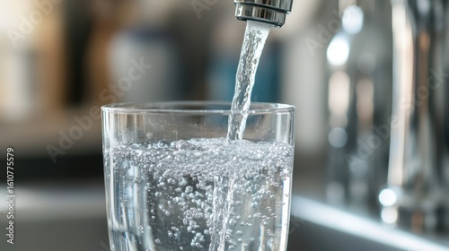 Fresh, clean tap water pouring from a modern kitchen faucet into a clear drinking glass, highlighting hydration and purity.
