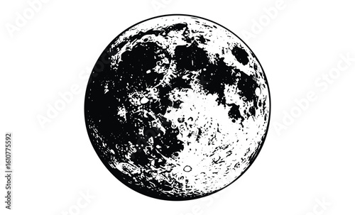 Monochromatic moon sketch: detailed celestial drawing with craters and shadows. Vector retro hand drawn illustration