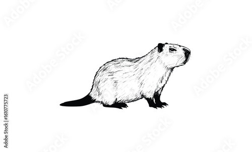 Detailed black and white capybara illustration in side profile view. Vector retro hand drawn illustration