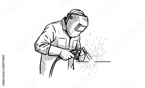 Monochrome drawing of welder in action with protective gear and welding sparks. Vector retro hand drawn illustration