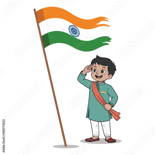 Cartoon boy saluting the indian flag with pride and respect