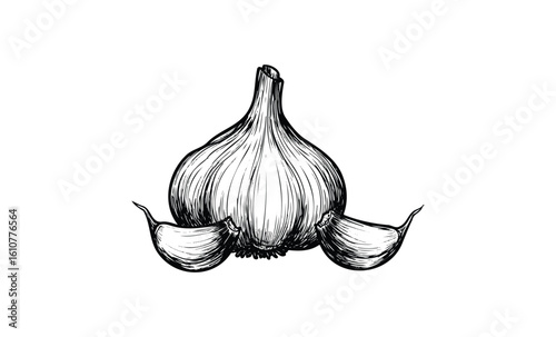 Hand-drawn black and white illustration of garlic bulb and cloves. Vector retro hand drawn illustration