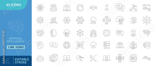 Artificial intelligence ai icon neural network machine learning data cloud chip editable stroke line style