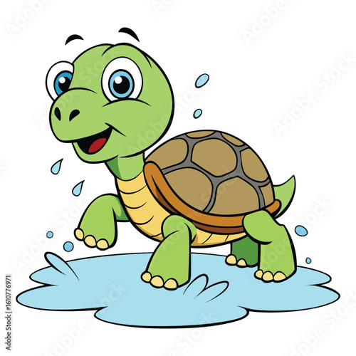 Cartoon turtle walking in a puddle with water droplets