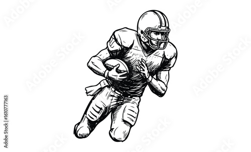 Sketch of male american football player in action. Vector retro hand drawn illustration
