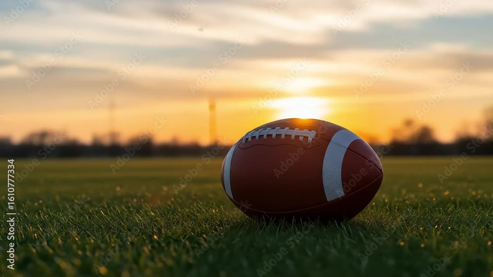 American Football Resting on Green Grass Field at Sunset Golden Hour View American Football Resting on Green Grass Field at Sunset Golden Hour View