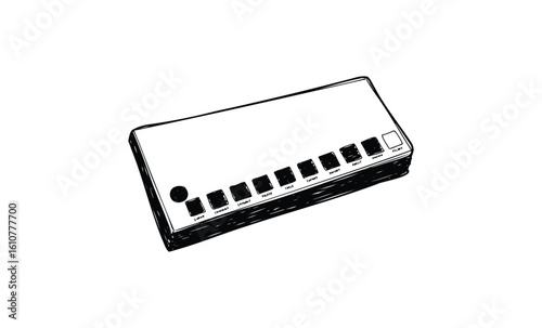 Vintage electronic synthesizer drawing with multiple buttons. Vector retro hand drawn illustration