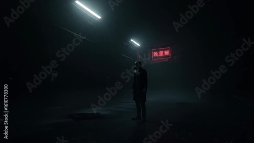 Solitary Figure in a Rainy Neon-Lit Alleyway
