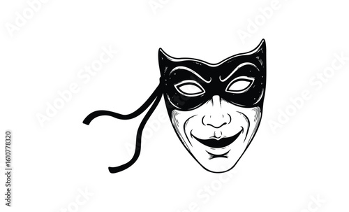Black and white masked face with ribbon-tied cat-eye mask illustration. Vector retro hand drawn illustration