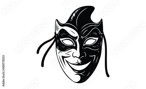 Black and white theater mask with smiling expression and dramatic design. Vector retro hand drawn illustration