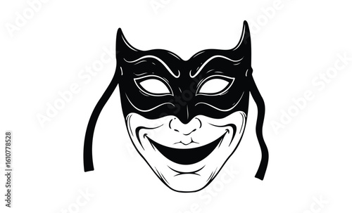 Abstract black and white comedy mask illustration with devil horns and ribbon ties. Vector retro hand drawn illustration