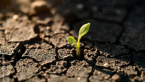 A small green sprout emerging from cracked dry soil under bright sunlight in a close up shot view