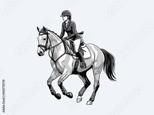 Female equestrian athlete competing on a white background