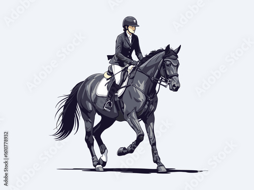 Female equestrian athlete competing on a white background
