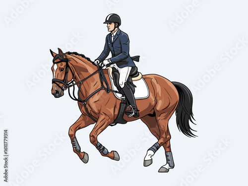 male equestrian athlete competing on a white background