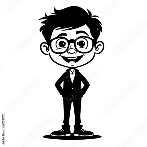 Cartoon boy smiling in suit with glasses and hands on hips  