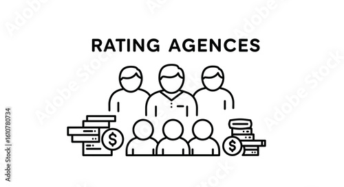 Rating Agency Illustration: A monochrome illustration depicting a group of individuals representing rating agencies, with money.