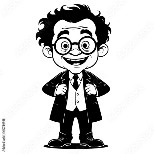 Cartoon scientist smiling with glasses and hands on hips  