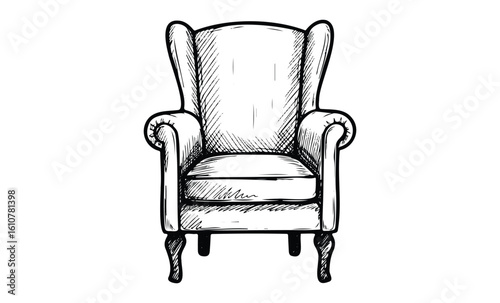 Vintage armchair sketch with elegant wingback design. Vector retro hand drawn illustration