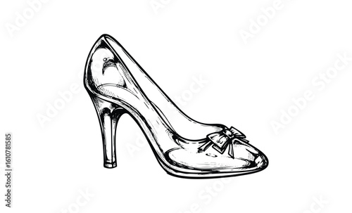 Elegant women's high heel shoe with bow - black and white sketch. Vector retro hand drawn illustration