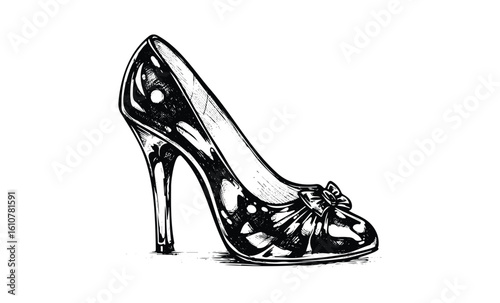 Intricate black high heel shoe sketch with bow detailing. Vector retro hand drawn illustration