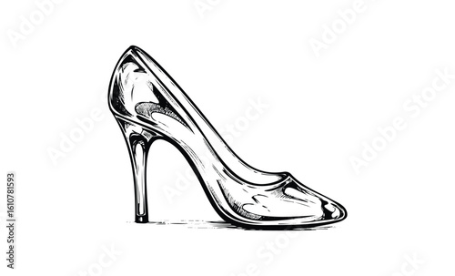 Elegant high heel shoe sketch with intricate design in black and white. Vector retro hand drawn illustration