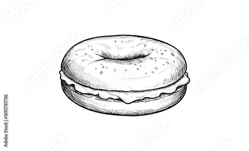 Detailed illustration of a classic bagel with cream cheese filling. Vector retro hand drawn illustration