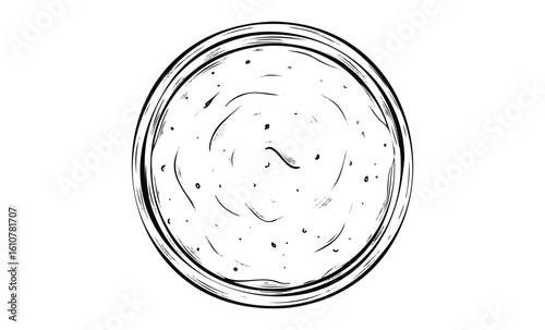 Top view of a circular bowl with creamy herb sauce. Vector retro hand drawn illustration