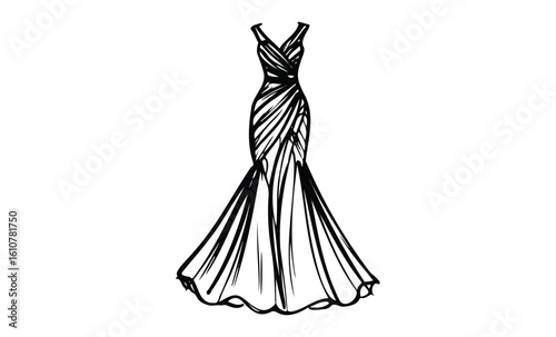 Elegant evening gown illustration with ruching patterns and flowing skirt. Vector retro hand drawn illustration