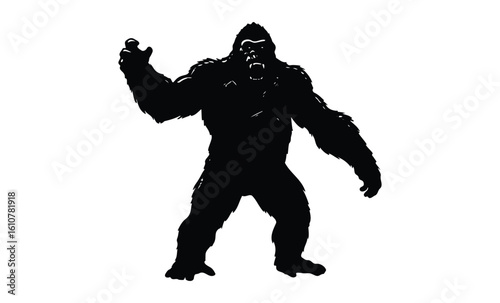 Silhouette of a powerful gorilla standing in aggressive pose. Vector retro hand drawn illustration