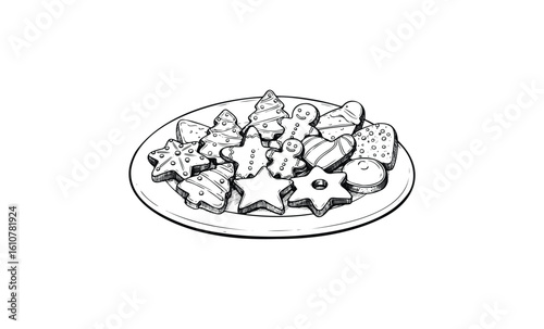 Assorted holiday cookies on plate with stars and trees. Vector retro hand drawn illustration