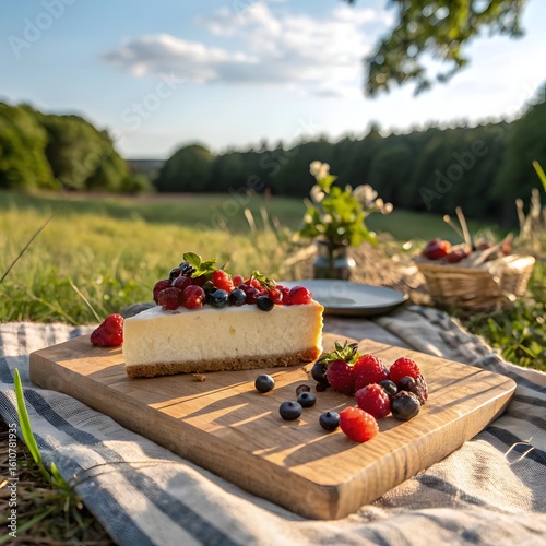 Delicious cheesecake with fresh berries on a wooden board at a summer picnic