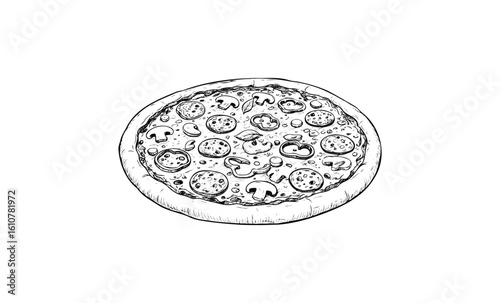 Hand-drawn pizza with mushrooms and pepperoni in black and white. Vector retro hand drawn illustration