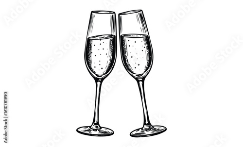 Two hand-drawn champagne glasses clinking for a celebration. Vector retro hand drawn illustration