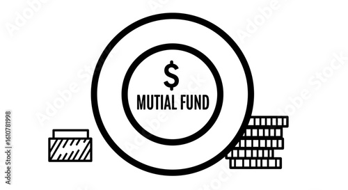 Mutual Fund Concept: A graphic illustration depicts financial concepts, showcasing coins and symbols to represent monetary investments and the world of finance.