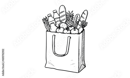 Hand-drawn grocery bag filled with fruits, vegetables, and baguettes. Vector retro hand drawn illustration