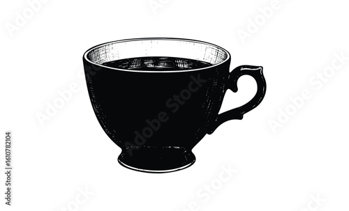 Vintage etching of retro teacup with intricate handle design in black and white. Vector retro hand drawn illustration
