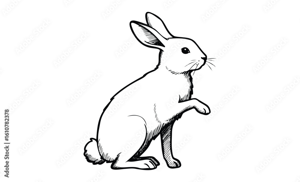 Obraz premium Detailed line drawing of a curious rabbit in profile view. Vector retro hand drawn illustration