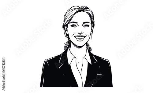 Smiling caucasian female adult in business attire illustration. Vector retro hand drawn illustration