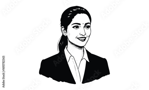 Smiling asian female professional portrait in monochrome illustration. Vector retro hand drawn illustration