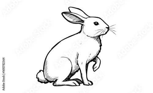 Detailed black and white sketch of a rabbit facing right with upright ears. Vector retro hand drawn illustration
