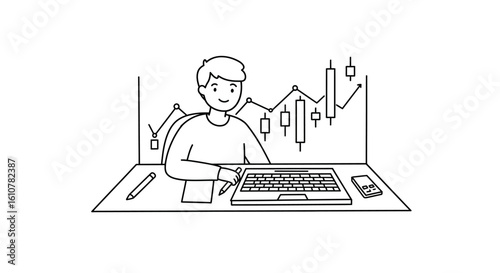 Stock Market Analyst: A minimalist line drawing showcases a focused analyst examining stock market charts, his laptop and pen in place. 