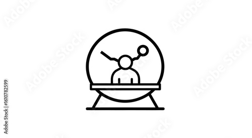 Future's Envisioned: A line art illustration portrays a figure encapsulated within a transparent spherical chamber, suggesting themes of futuristic technology, scientific exploration.